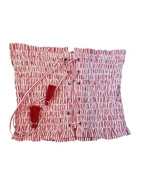American Eagle Smocked Tassel Corset Tube Top L Red White Stripe Strapless